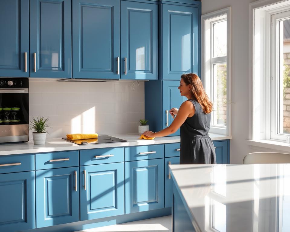 Cleaning blue cabinets