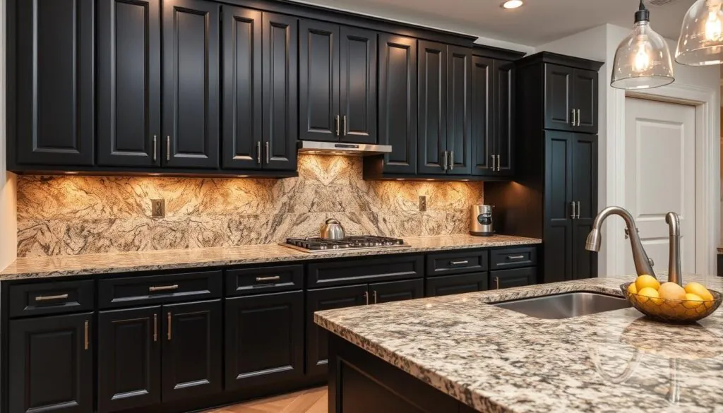 black cabinets with granite