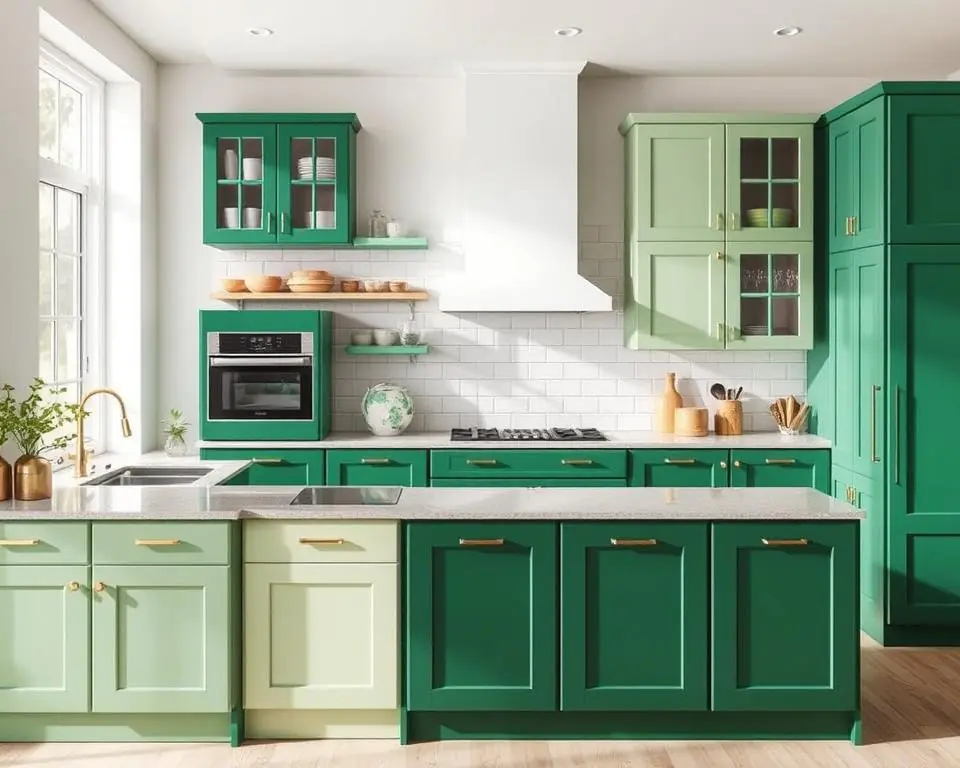 different shades of green kitchen cabinets