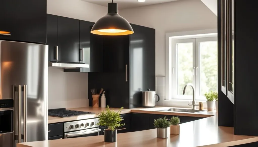 small kitchen with black cabinets