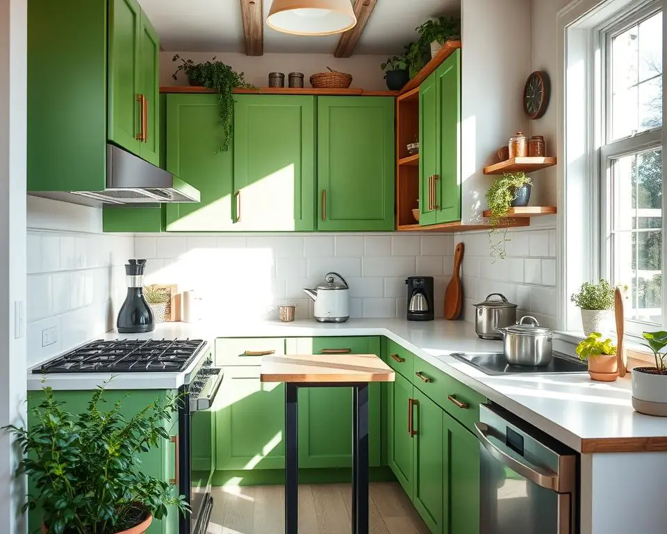 small kitchen with green cabinets